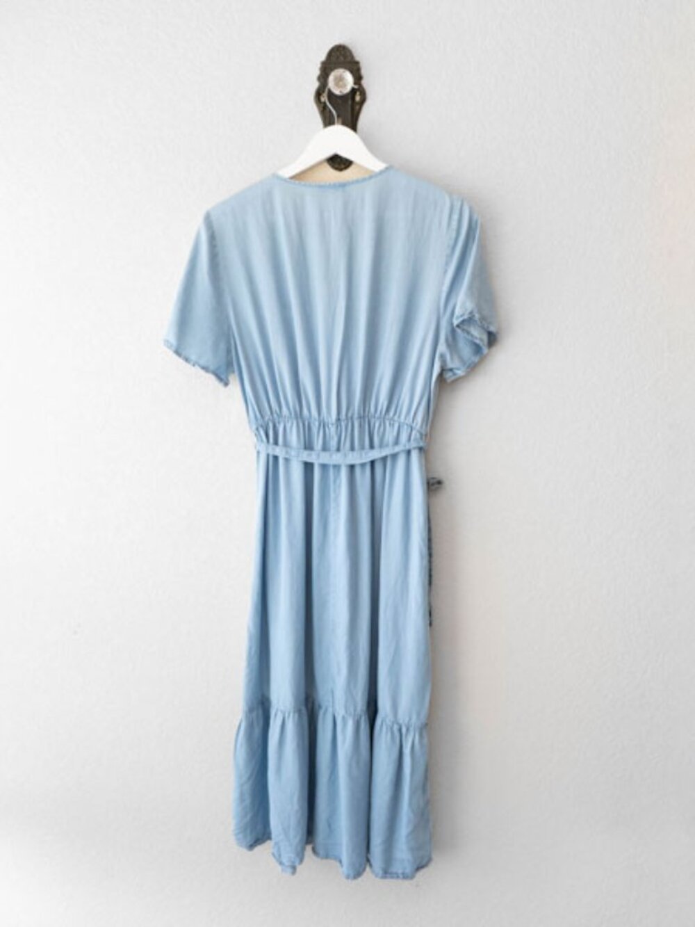 Max Blue Lyocell Wrap Midi Dress Womens 10 Embroidered Tie Waist Cottagecore - Picture 10 of 14